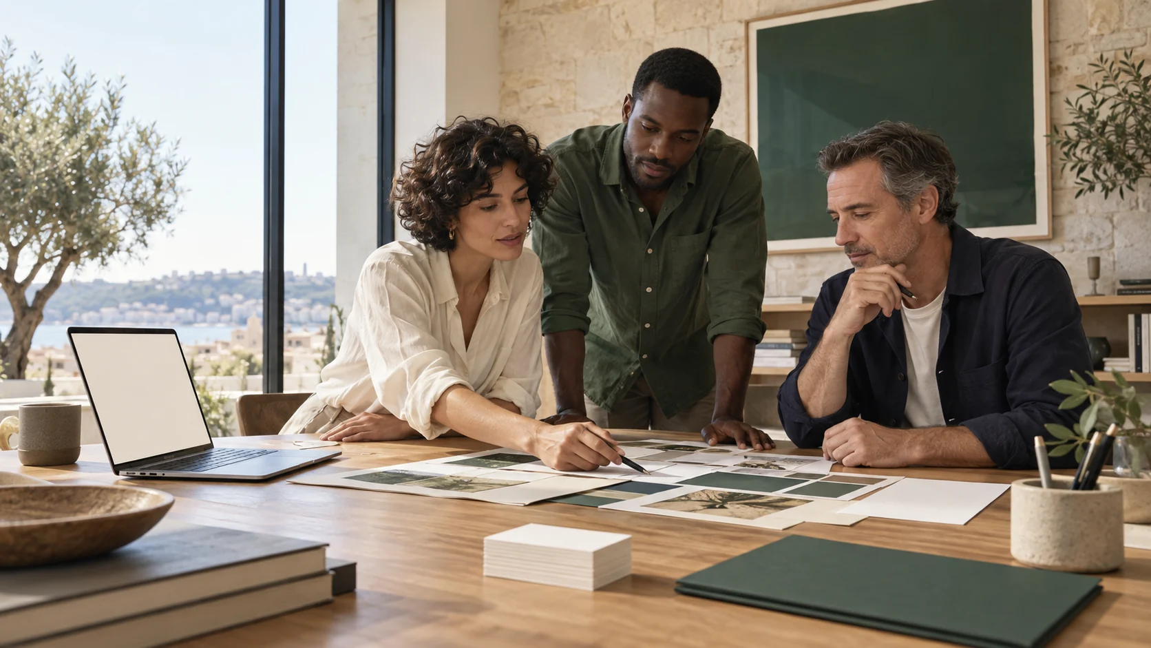 Fictional creative team exploring a brand identity in a bright studio.